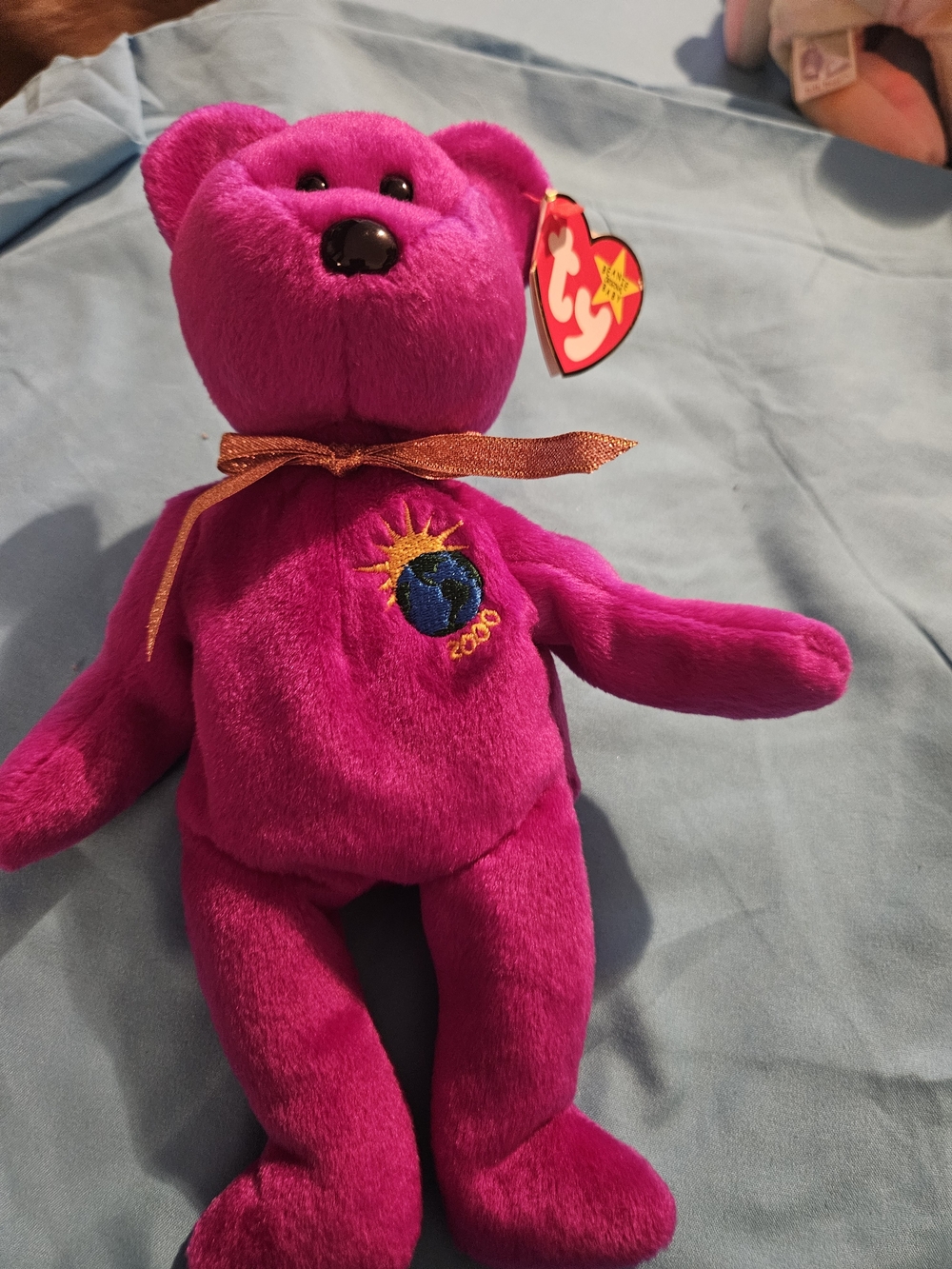 Ty Bright Pink Millennium Bear with Ribbon Bow